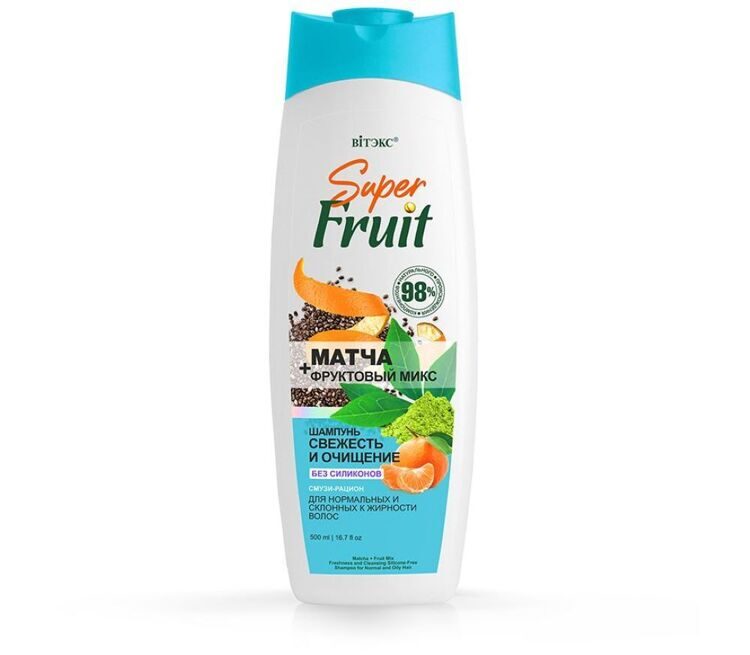 Шампунь SuperFRUIT для нормальных и жирных волос,  Матча + фруктовый микс, свежесть и очищение без силикона, 500мл,  Витэкс